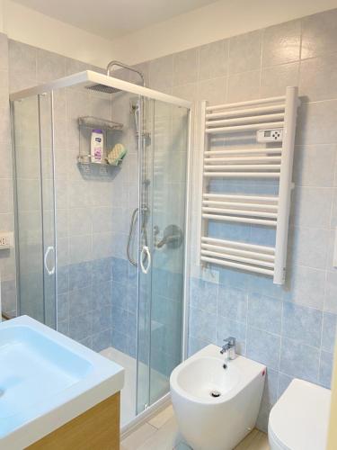 阿纳卡普里La Maiolica的带淋浴、盥洗盆和卫生间的浴室