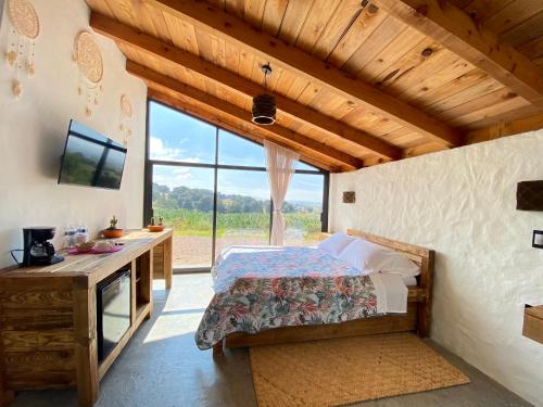 JocotitlánLas Cabañas Mavoro的一间卧室配有一张床、一张书桌和一个大窗户