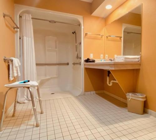 罗斯堡罗斯堡温德姆戴斯酒店的带淋浴的浴室和白色瓷砖地板。