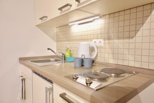 NEU - gemütliches und modernes Apartment mit Stellplatz的厨房或小厨房