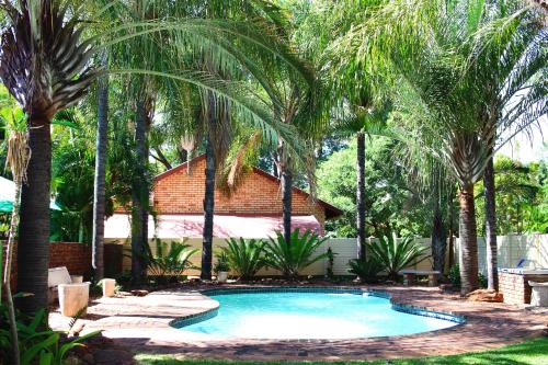 LephalaleDe la Rose Guesthouse的棕榈树庭院内的游泳池