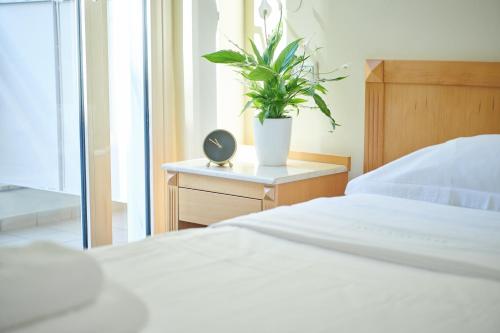 塞萨洛尼基特尔里尼酒店的一间卧室配有一张床和盆栽植物