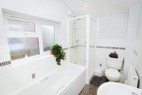 诺里奇Newly Refurbished House - 10 Minute Walk From City Centre的带淋浴和卫生间的白色浴室