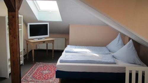 巴特维尔东根Hotel AlleeSchlößchen的一间卧室配有一张床和一张带电脑显示器的书桌