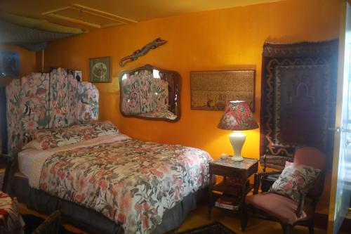 帕霍阿Ma'ukele Lodge的一间卧室配有一张床、一盏灯和一把椅子
