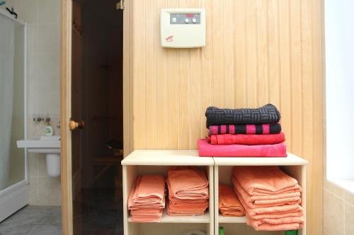 拉脱维亚Apartments Melnalkšņi的浴室内带毛巾的架子