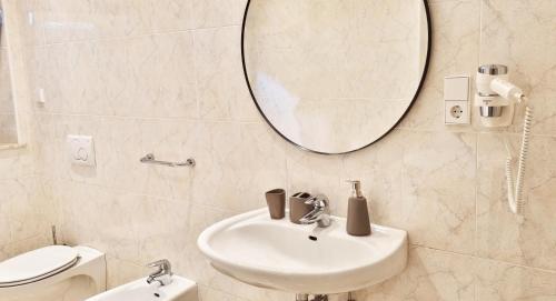 梅拉诺Rosa Rooms Meran的一间带水槽、镜子和卫生间的浴室