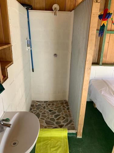 Puerto SoleyCabañas Casa Soley的带淋浴和水槽的浴室