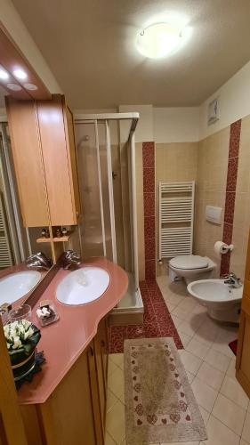 卡纳泽伊Appartamento Cesa Lamar的一间带两个盥洗盆、淋浴和卫生间的浴室