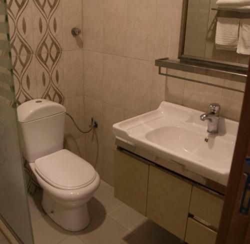 塔伊夫Fiori Hotels的一间带卫生间和水槽的浴室