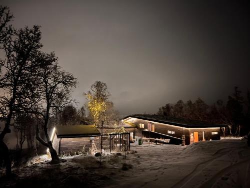特罗姆瑟Håkøya Lodge的雪中的房子,晚上