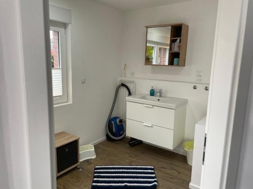 韦瑟灵Gemütliche 1-Zimmer Wohnung mit eigenem Eingang的白色的浴室设有水槽和镜子