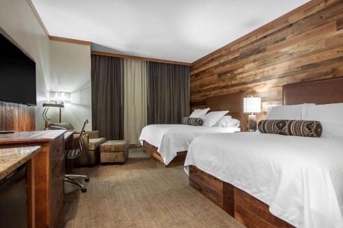 诺福克Norfolk Lodge & Suites, Ascend Hotel Collection的酒店客房配有两张床和一张书桌