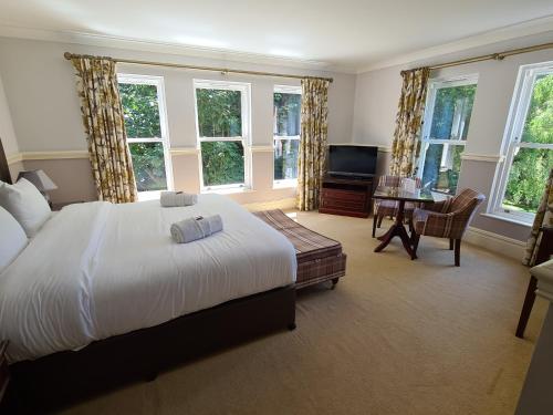 伍德哈尔温泉水疗朵尔酒店的卧室配有一张床、一张书桌和窗户。