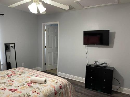 塔拉哈西Cheerful 3-bedrooms with free parking on premises的一间卧室配有一张床和一台平面电视
