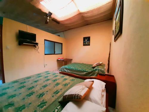 阿约拉港Alojamiento Sumak Kawsay的一间带两张床的卧室和一台电视
