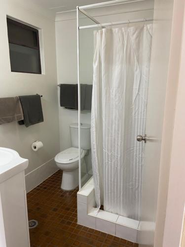 达博四季汽车旅馆的白色的浴室设有卫生间和淋浴。