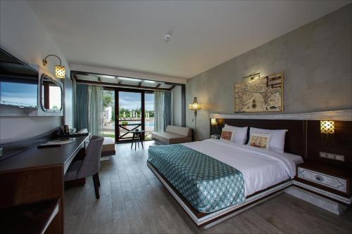 贝拉姆卡尔Assos Barbarossa Special Class Hotel的酒店客房配有一张床、一张书桌和一张书桌。