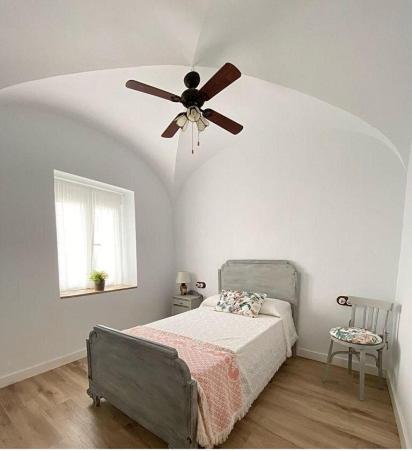 El CampoCasa Rural La abuela的一间卧室配有吊扇和一张床