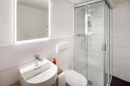 韦齐孔施维泽霍夫酒店的浴室配有卫生间、盥洗盆和淋浴。
