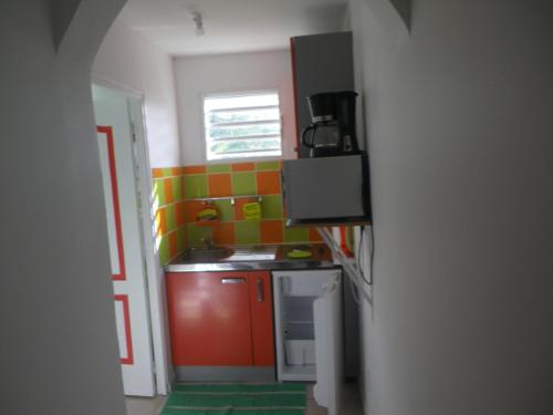 大博格IMMEUBLE NEBOT的一间拥有橙色和绿色墙壁的小厨房