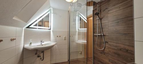 梅青根Ermis Apartments的一间带水槽和淋浴的浴室