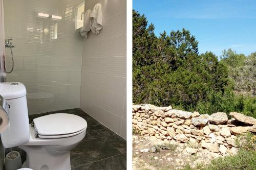 圣费兰-德瑟斯罗La Casita Yolanda, ideal parejas - Formentera Natural的一间带卫生间和石墙的浴室
