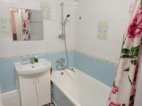 新西伯利亚1к. Апартаменты НСК на ул.Блюхера 67/1的浴室配有盥洗盆、卫生间和浴缸。