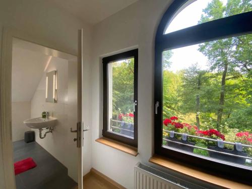 克里米乔Forsthaus的一间带水槽的浴室和鲜花窗户