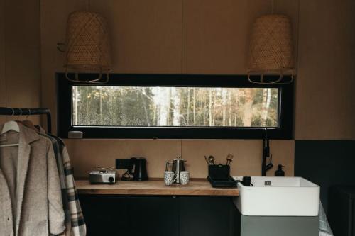 利加特内Briežu Stacija Off Grid Cabin的厨房设有水槽和窗户。