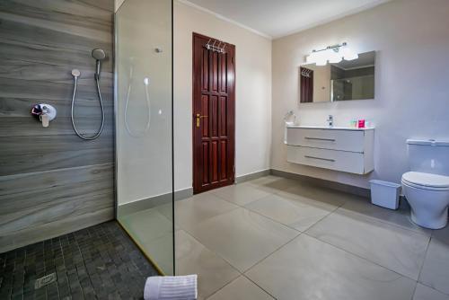 棕榈滩Villa Bubali Escape的带淋浴、卫生间和盥洗盆的浴室