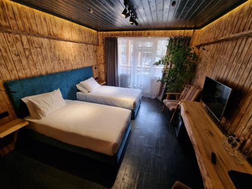 阿拉木图新布拉克度假酒店的小房间设有两张床和电视