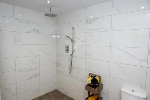 BulkingtonWeston Lawns Lodges的带淋浴和卫生间的白色瓷砖浴室