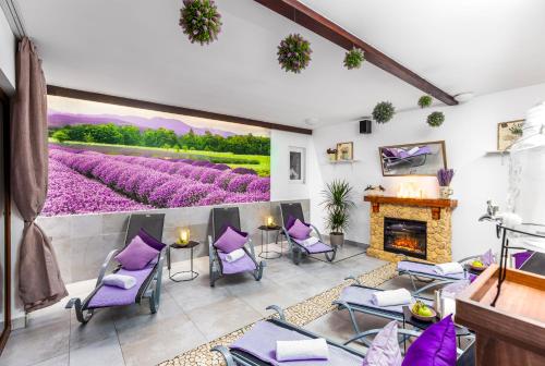 利普托斯基米库拉斯Hilson Jasna - Garden resort的客厅配有紫色椅子和壁炉