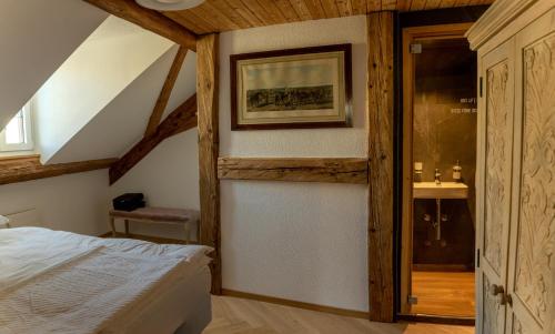 伯尔尼Moderne Altbauwohnung mit Pool und Sauna的一间卧室设有一张床和一间浴室。