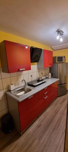 斯克拉斯卡波伦巴POKOJE GOŚCINNE JANINA ,Szklarska Poreba Dolna的一间带红色橱柜和水槽的厨房