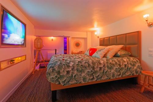 勒阿弗尔Romance spa tropical Le Havre的一间卧室配有一张床和一台平面电视
