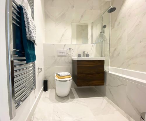 弗利特Cloud at Fleet Heights Apartment Two的白色的浴室设有卫生间和水槽。