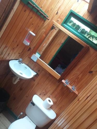 圣赫拉多德多塔Las Cataratas Lodge的一间带水槽、卫生间和镜子的浴室