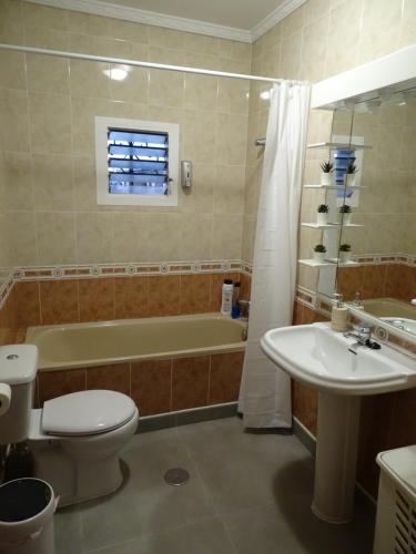 赫雷斯-德拉弗龙特拉Casasjerezanas VistaFlor的浴室配有卫生间、盥洗盆和浴缸。