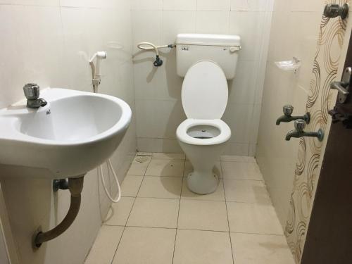 钦奈Delmon Residency的一间带卫生间和水槽的浴室