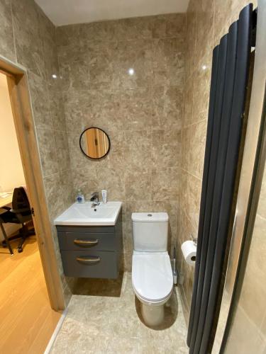 BelvedereDouble Bedroom with en-suite shower & free parking的一间带卫生间、水槽和镜子的浴室
