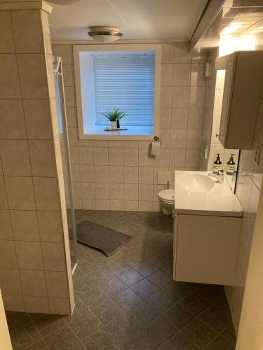 卑尔根Kjellerleilighet - nært Haukeland sykehus.的一间带水槽和卫生间的浴室以及窗户。