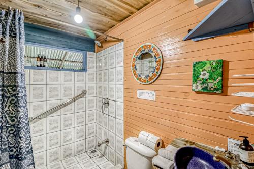 多米尼克Edge of the World的带淋浴、卫生间和盥洗盆的浴室