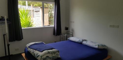 旺阿雷Affordable, Spacious, Bright, Warm, Unit in Central Whangarei的一间卧室配有一张蓝色的床和窗户