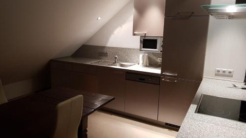 曼海姆Joanna Apartment - MA Rheinau 5的一间带水槽和微波炉的小厨房