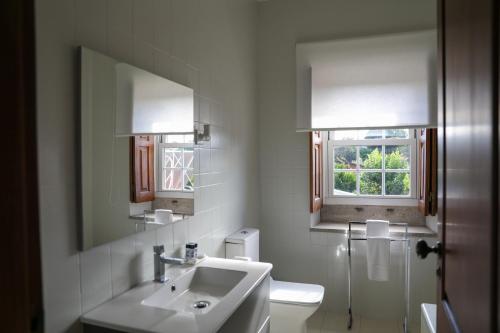 圣玛丽亚大德费拉Quinta do Candeeira的白色的浴室设有水槽和窗户。