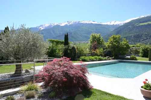 纳图尔诺Hotel Quellenhof的一座位于花园内的游泳池,花园内以群山为背景