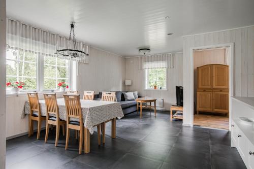 延雪平Solar Lake Cottage的厨房以及带桌子和沙发的客厅。