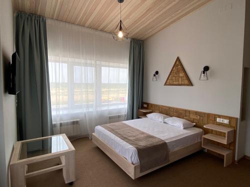 喀山Irbis Hotel的一间卧室设有一张床和一个大窗户